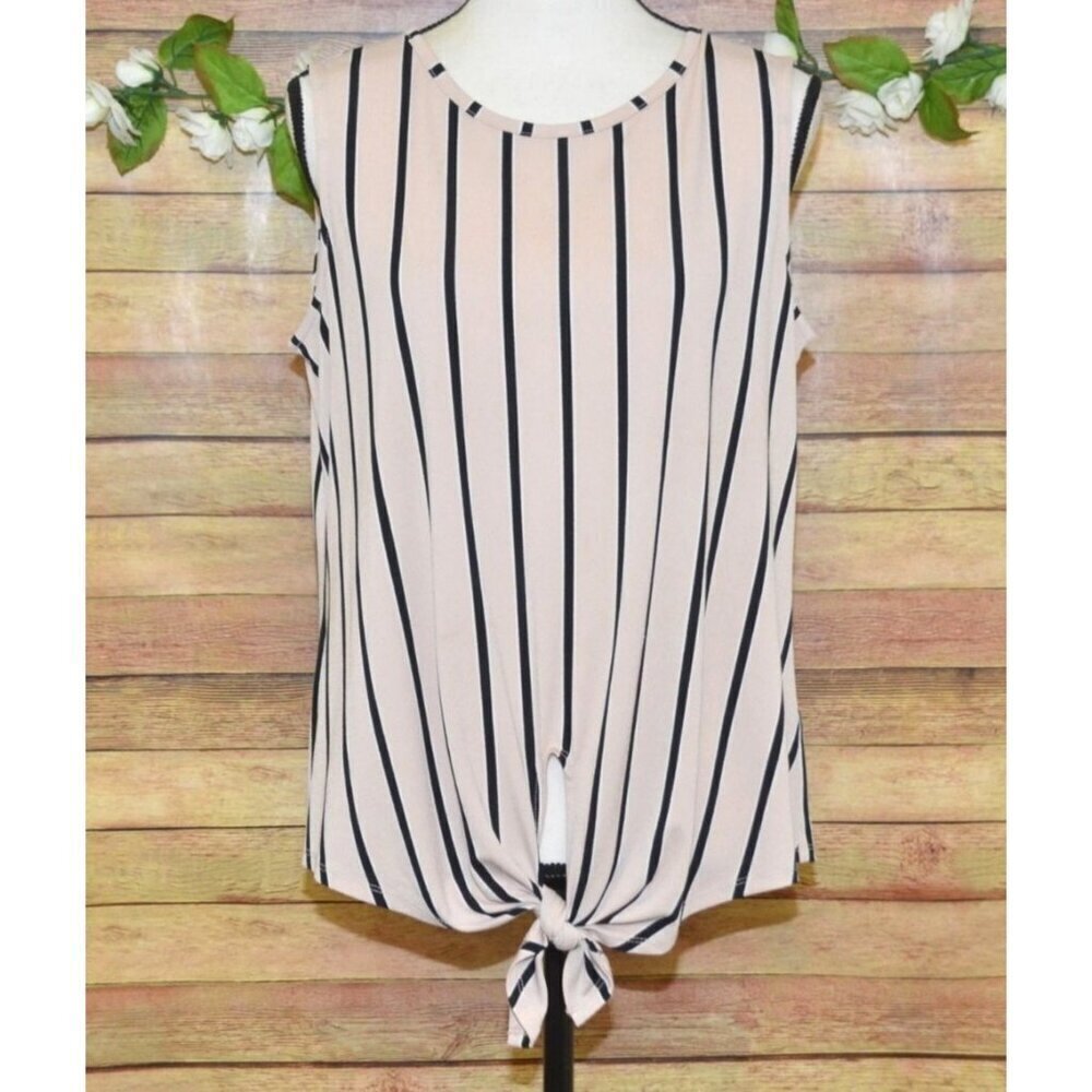 Adriana Papell Beige/Pink & Black Striped Tie Front Sleeveless Blouse Ladies M O